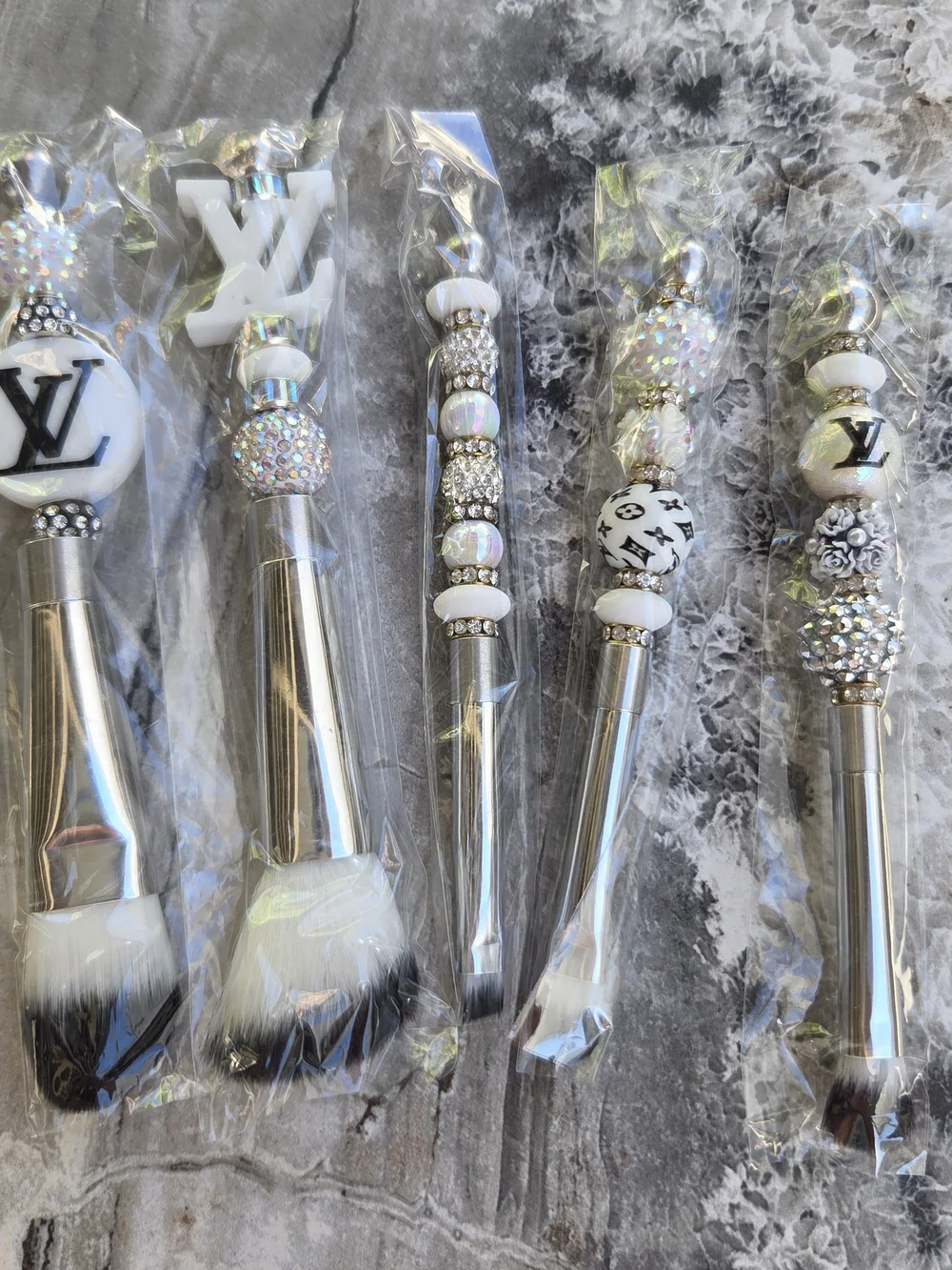 Rhinestone Beaded Cosmetic Brush Set with LV Accents